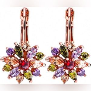 Rose Gold Color Brilliant Flower Marquise Round Multicolor Earrings